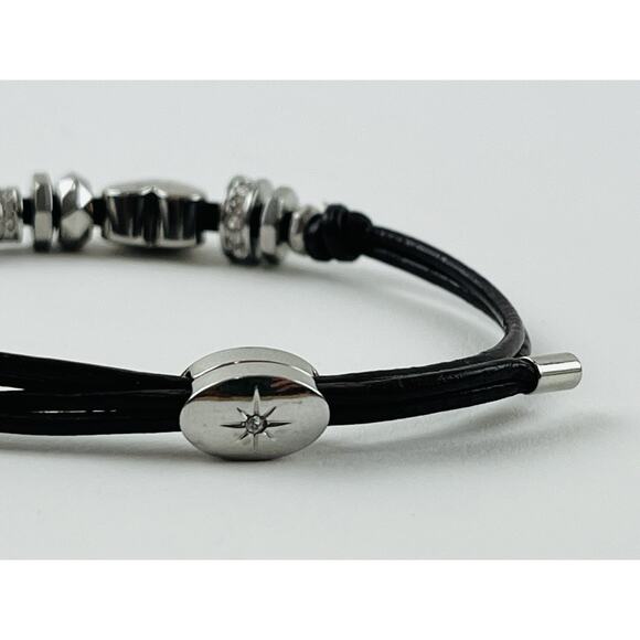 Fossil Boho Heart Silver Beads Brown Pull Cord Bracelet Adjustable Rhinestones - Picture 5 of 12